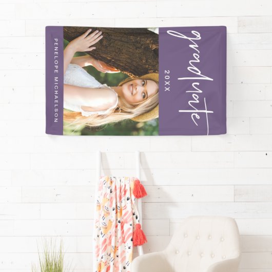 Moderne Paarse en witte Afstuderen scriptfoto Spandoek (Insitu)