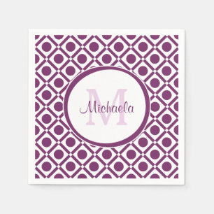 Moderne Paarse en witte Geometrische monogramnaam Servet