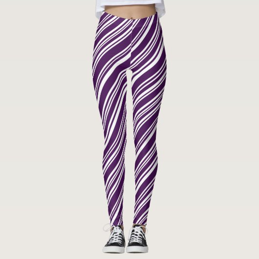 Moderne Paarse en witte Snoepjes Stripe Patroon Leggings (Voorkant)