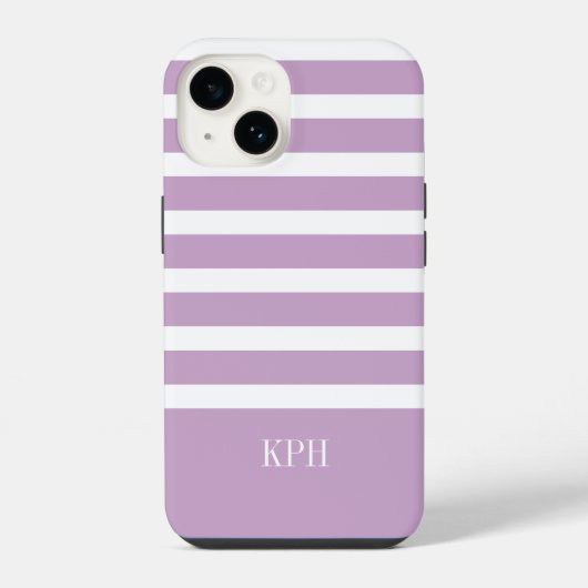 Moderne paarse en witte streep met monogram iPhone hoesje (Achterkant)