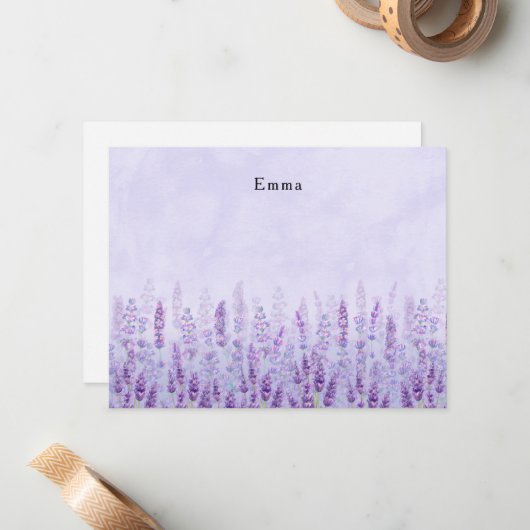 Moderne Paarse en witte Waterverf Lavendelbloem Notitiekaartje (Voorkant / Achterkant in situ)