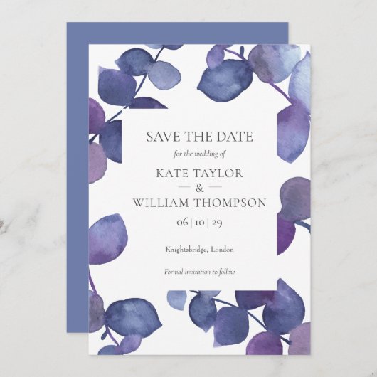 Moderne Paarse Eucalyptusbladeren Save the Date Kaart (Voorkant / Achterkant)