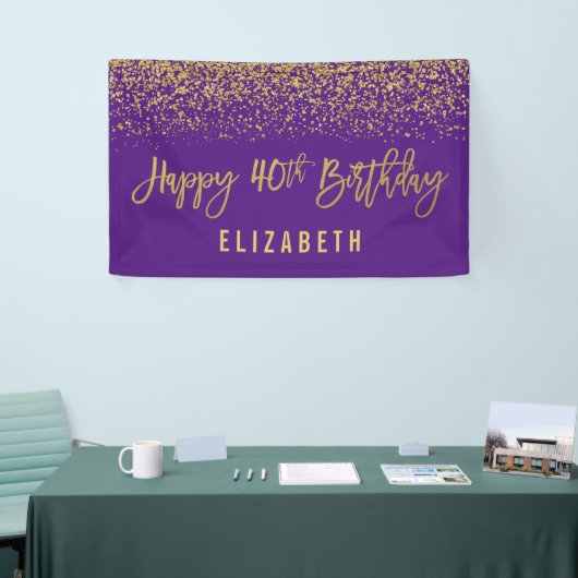 Moderne Paarse Faux Gold Glitter 40th Birthday Spandoek (Beurs)