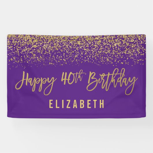 Moderne Paarse Faux Gold Glitter 40th Birthday Spandoek (Horizontaal)