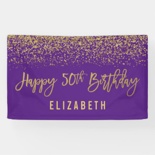 Moderne Paarse Faux Gold Glitter 50th Birthday Spandoek