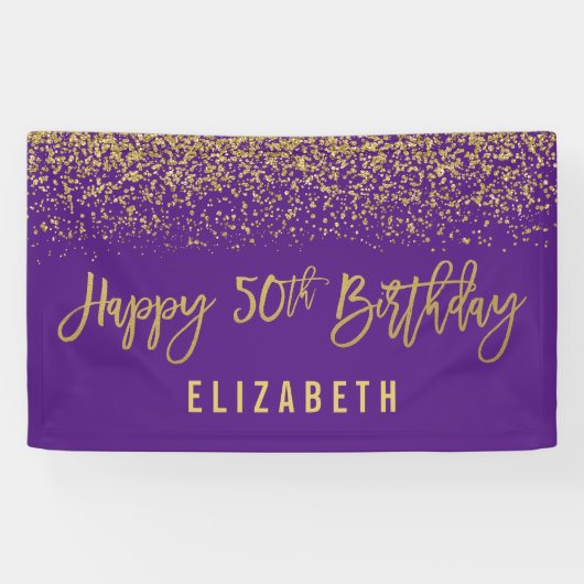 Moderne Paarse Faux Gold Glitter 50th Birthday Spandoek (Horizontaal)