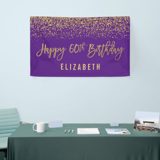 Moderne Paarse Faux Gold Glitter 60th Birthday Spandoek (Beurs)