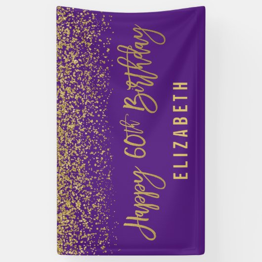 Moderne Paarse Faux Gold Glitter 60th Birthday Spandoek (Verticaal)