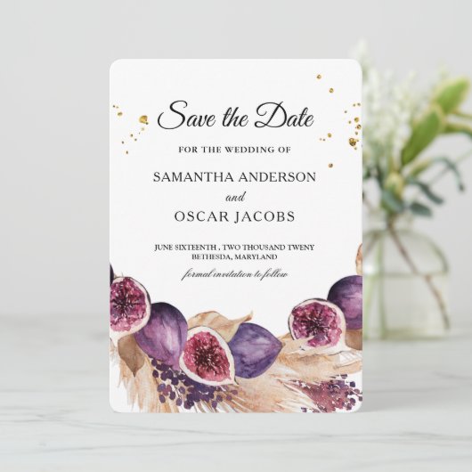 Moderne Paarse figuren en pampas- en goudvallen Save The Date (Staand voorkant)