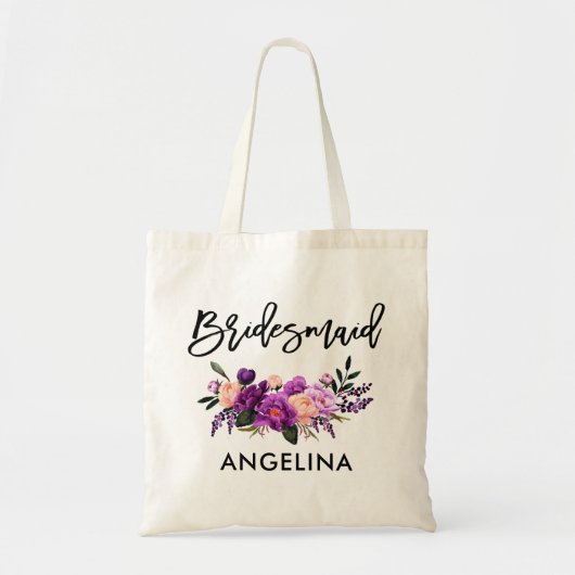 Moderne Paarse Floral Bridesmaid in penseelscript Tote Bag (Voorkant)