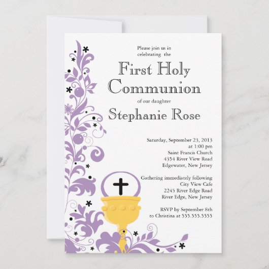 Moderne Paarse Floral Eerste Heilige Communie Kaart (Voorkant)