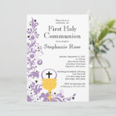 Moderne Paarse Floral Eerste Heilige Communie Kaart (Staand voorkant)