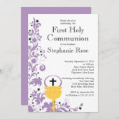 Moderne Paarse Floral Eerste Heilige Communie Kaart (Voorkant / Achterkant)