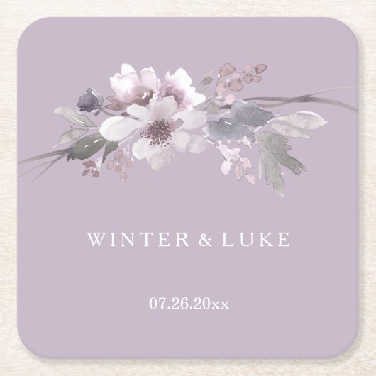 Moderne Paarse Floral Waterverf bruiloft Kartonnen Onderzetters (Voorkant)