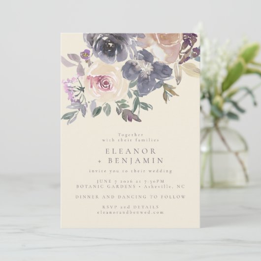 Moderne Paarse Floral Waterverf Elegant Wedding Kaart (Staand voorkant)