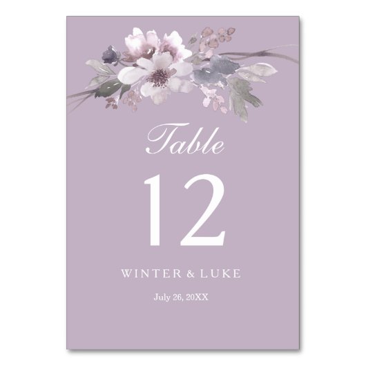 Moderne Paarse Floral Waterverf Wedding Table Kaar Kaart (Voorkant)