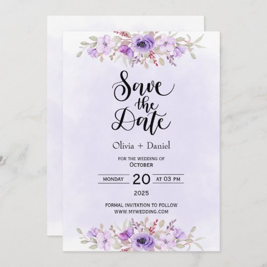 Moderne Paarse Floral Wedding Save the Date Kaart (Voorkant / Achterkant)