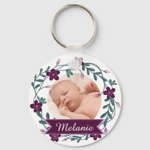 Moderne Paarse Floral Wreath Baby Foto Keepomwille Sleutelhanger