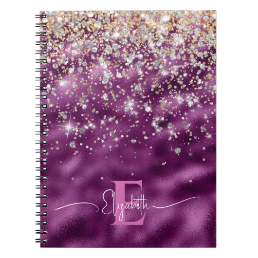 Moderne Paarse Folie Gouden Faux Glitter Monogram Notitieboek (Voorkant)