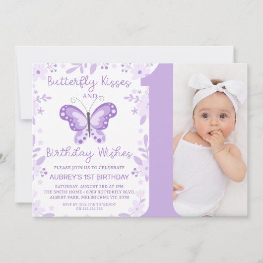 Moderne Paarse foto Bloemenvlinder 1e verjaardag Kaart (Voorkant)