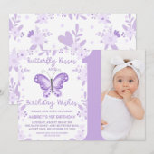 Moderne Paarse foto Bloemenvlinder 1e verjaardag Kaart (Voorkant / Achterkant)