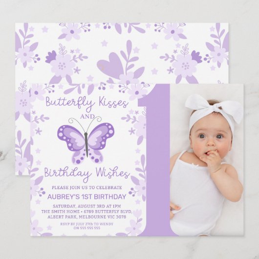 Moderne Paarse foto Bloemenvlinder 1e verjaardag Kaart (Voorkant / Achterkant)