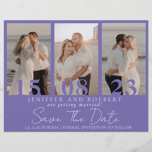 Moderne paarse foto-collage save the date kaart fl (Voorkant)