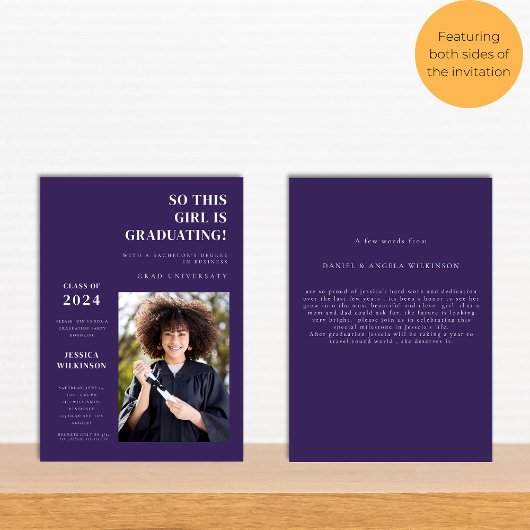 Moderne paarse foto college afstudeerfeest kaart