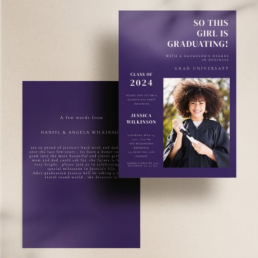 Moderne paarse foto college afstudeerfeest kaart
