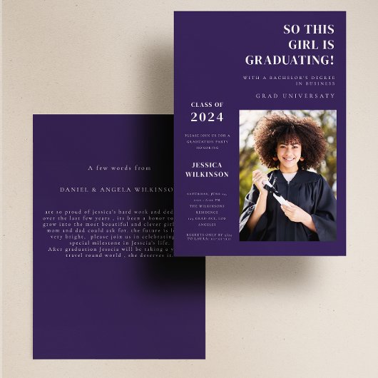 Moderne paarse foto college afstudeerfeest kaart
