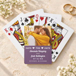 Moderne Paarse Foto Hart Save the Date Pokerkaarten