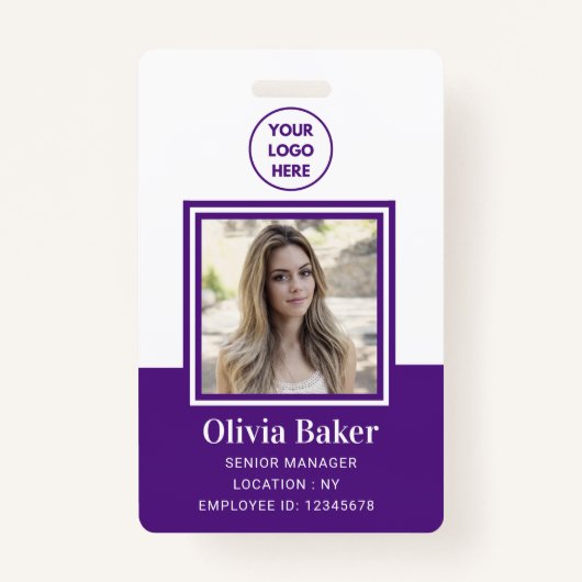Moderne Paarse foto-ID Business Logo Employee Badge (Voorkant)