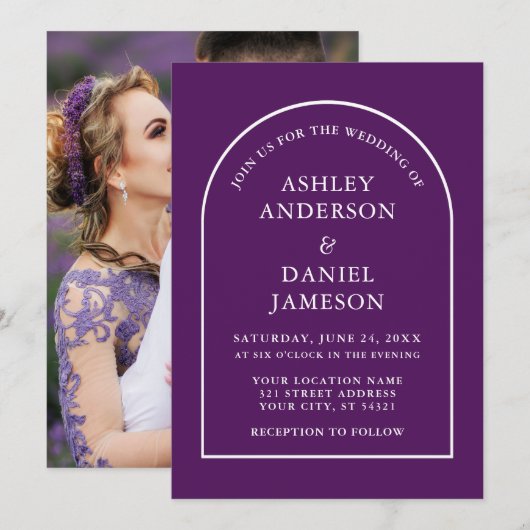 Moderne Paarse foto van Stijlvolle Arch Weddenscha Kaart (Voorkant / Achterkant)