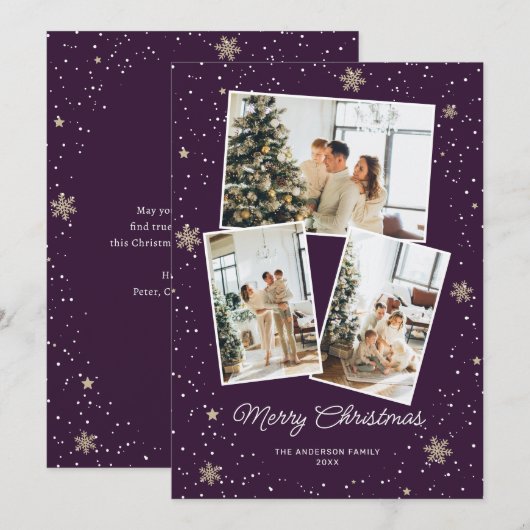 Moderne Paarse Fotocollage Vrolijke Kerstmis Kaart (Voorkant / Achterkant)