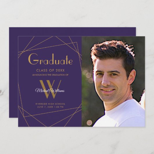 Moderne Paarse fotomonogram Geometrisch Afstuderen Aankondiging (Voorkant / Achterkant)