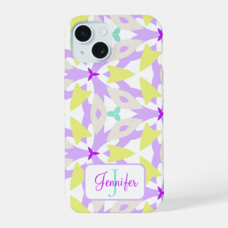 Moderne Paarse Gele en Mint Monogram Geometrisch iPhone 15 Case