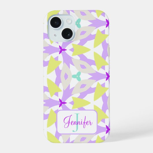 Moderne Paarse Gele en Mint Monogram Geometrisch iPhone 15 Case (Achterkant)