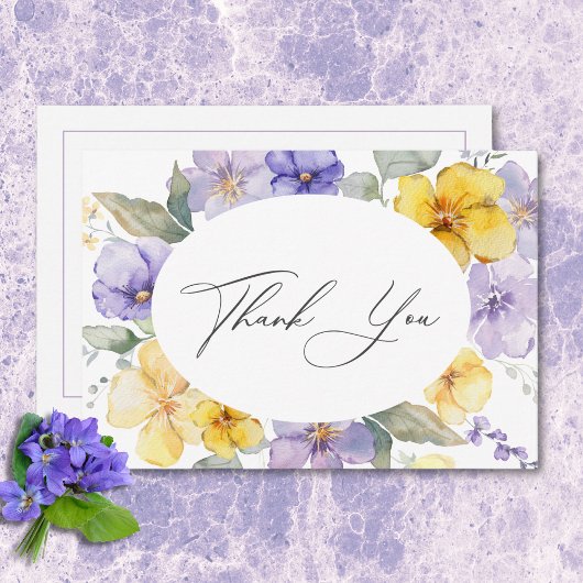 Moderne Paarse & Gele Violets Bloemen Huwelijk Bedankkaart