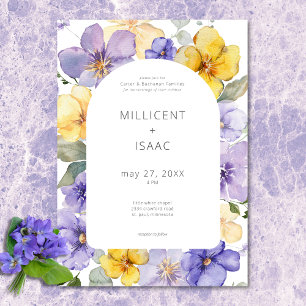Moderne Paarse & Gele Violets Bloemen Huwelijk Kaart