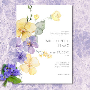 Moderne Paarse & Gele Violets Bloemen Huwelijk Kaart