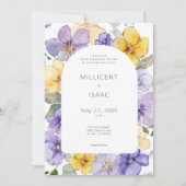 Moderne Paarse & Gele Violets Bloemen Huwelijk Kaart (Voorkant)