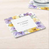 Moderne Paarse & Gele Violets Bloemen Huwelijk Kartonnen Onderzetters (Schuin)