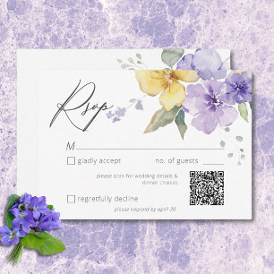 Moderne Paarse & Gele Violets Bloemen Huwelijk QR RSVP Kaartje
