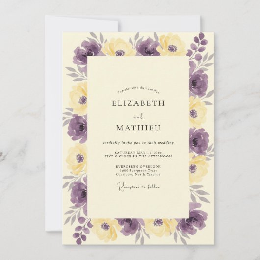 Moderne Paarse Gele Wilde Bloemen Bruiloft Kaart (Voorkant)