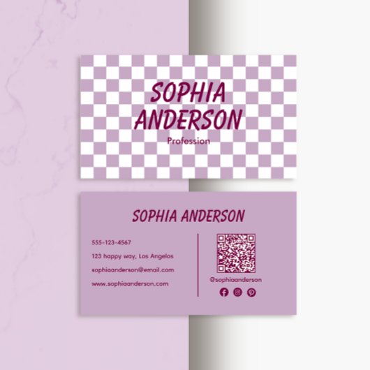 Moderne Paarse geruit met QR-code Visitekaartje