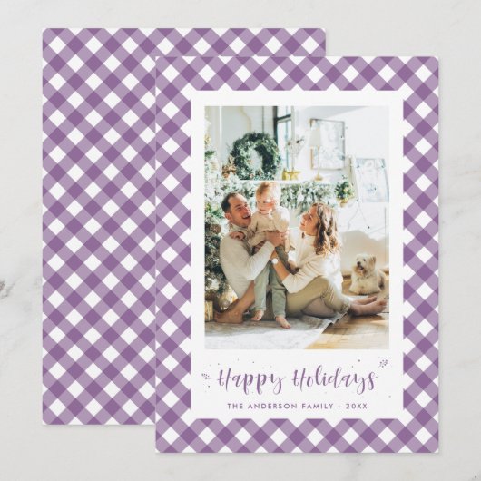 Moderne Paarse geruite kalligrafie foto Feestdagenkaart (Voorkant / Achterkant)