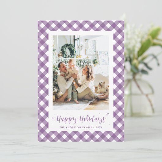 Moderne Paarse geruite kalligrafie foto Feestdagenkaart (Staand voorkant)