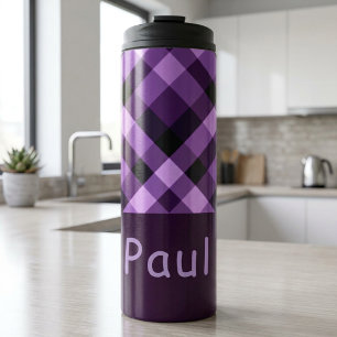 Moderne paarse geruite monogram thermische tumbler thermosbeker