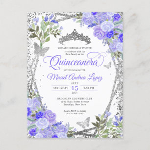 Moderne Paarse Glam Silver Tiara Quinceañera Briefkaart