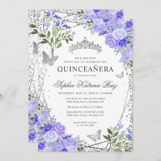 Moderne Paarse Glam Silver Tiara Quinceañera Kaart (Voorkant / Achterkant)
